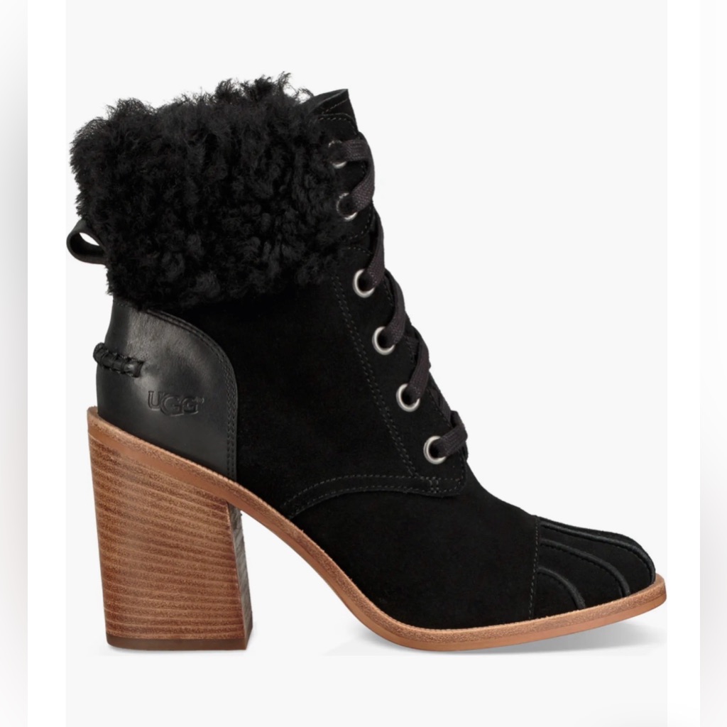 Ugg Jaxon Cuff Black Suede Genuine Shearling Stacked Wood 4” Heel Boots 9m
